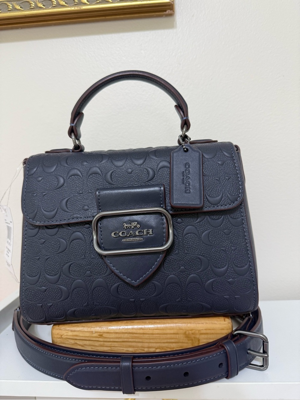Coach Navy Embossed Top-Handle Satchel with Removable Strap
